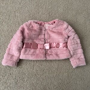 Girls Dusty Pink Faux Fur Jacket. Size 2T.  Faux Belted, Button Down, Striped